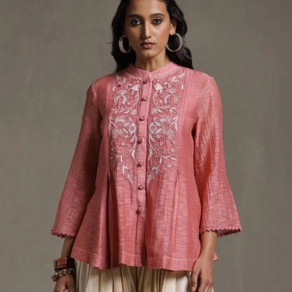 Soft Surroundings Top Womens M Pink Floral Silk Blend Embroidered Boho - Picture 3 of 13